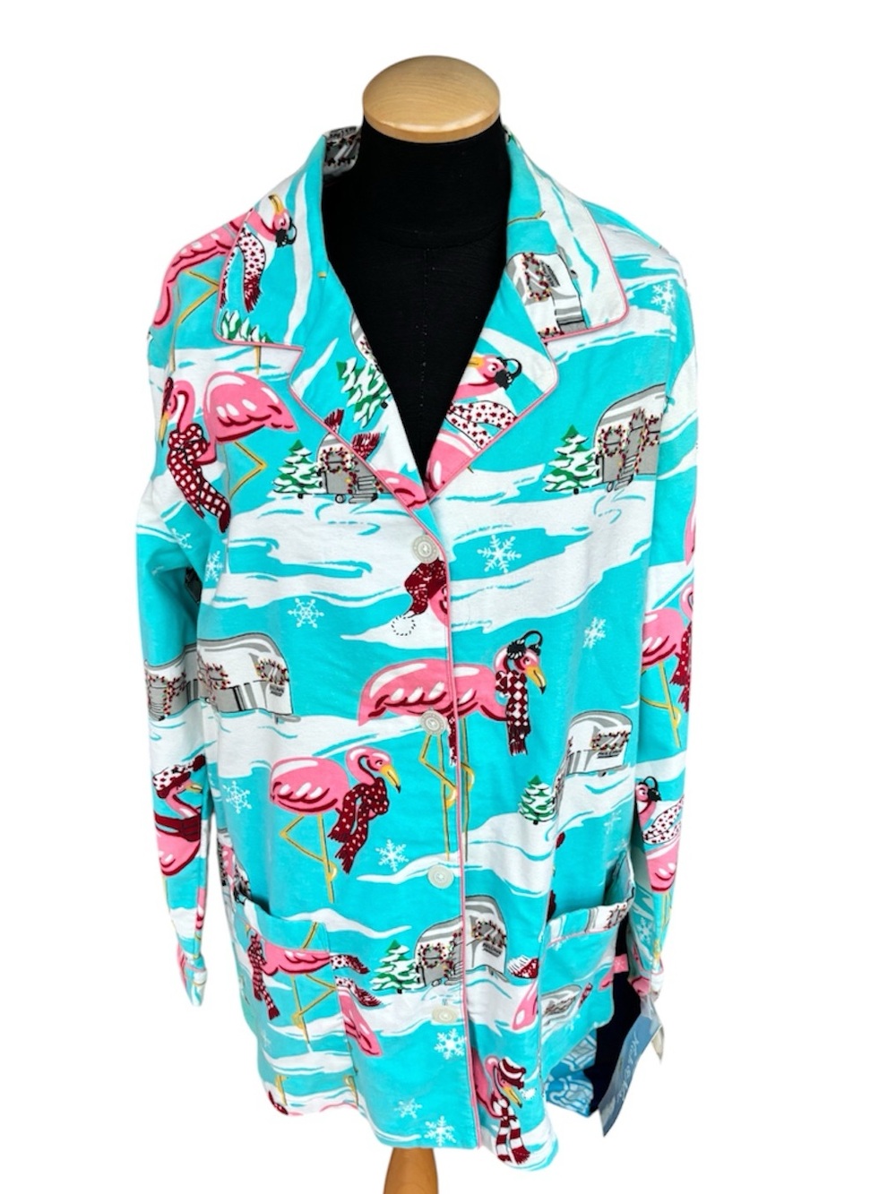 NWT Nick & Nora Winter Flamingos Flannel Pajama Top Airstream Camper Blue L